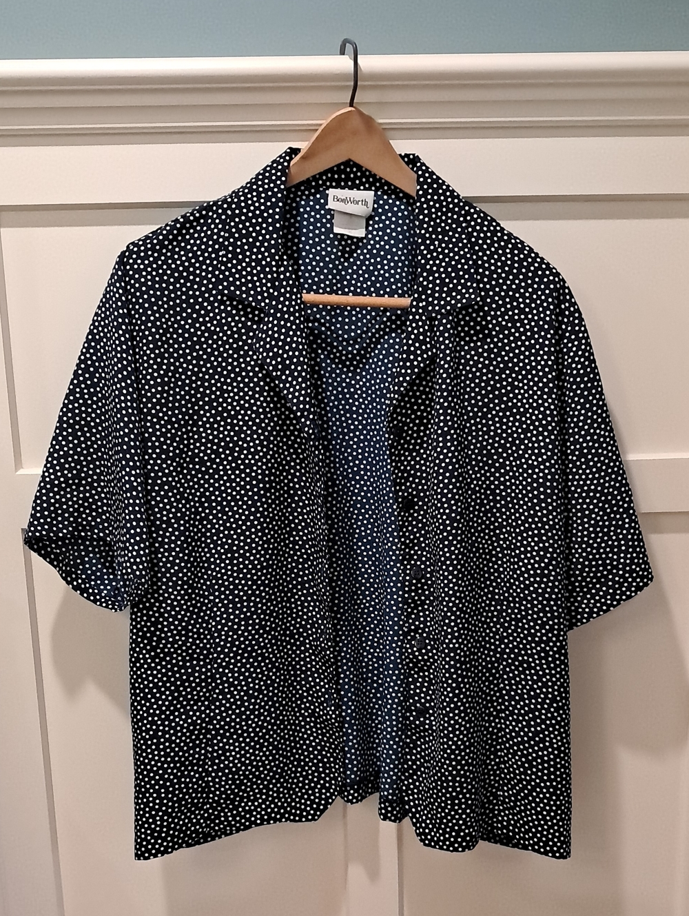 Bon Worth Navy and White Polka Dot Camp Shirt XL